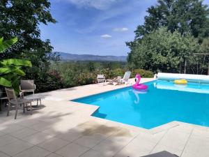a swimming pool with a pool noodle in a backyard at B&B chez Frédérique et Norbert in Mogneneins