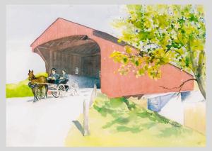 a painting of two people sitting at a table in a barn at 1842 Bed & Breakfast in St. Jacobs