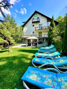 une rangée de chaises longues bleues assises dans l'herbe dans l'établissement Vila Miandra, à Breaza