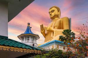 a large statue of a giant buddha in front of a building at Aloe Vera Guest House in Dambulla