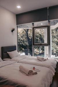 two beds in a room with a large window at Apple cozy hotel in Tbilisi City