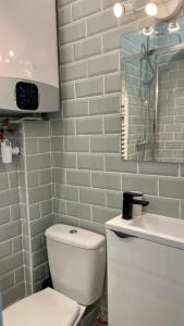 La salle de bains est pourvue de toilettes blanches et d'un lavabo. dans l'établissement Le Cocon - logement 4 personnes - Neuf - Wifi, au Bourget