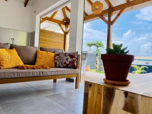 a living room with a couch and a large window at Vanille, à proximité des plages, idéalement situé pour visiter la Guadeloupe in Le Gosier