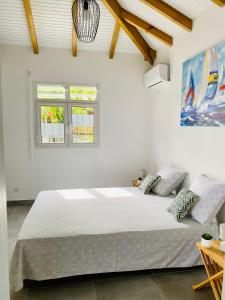 a bedroom with a large bed in a room with windows at Vanille, à proximité des plages, idéalement situé pour visiter la Guadeloupe in Le Gosier
