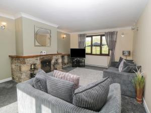 a living room with two couches and a fireplace at Moorstone in Okehampton