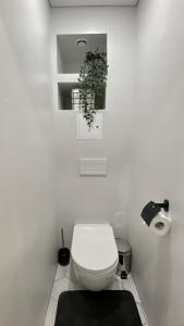 une salle de bains blanche avec des toilettes et une plante sur le mur. dans l'établissement Vakariniai Apartamentai, à Panevėžys