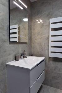 ein Badezimmer mit einem weißen Waschbecken und einem Spiegel in der Unterkunft Hedonica 11 Ema in Vrdnik