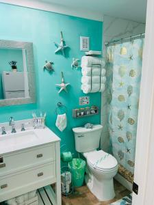 bagno blu con servizi igienici e lavandino di Beautiful and comfortable rom apt # 2 a Tampa