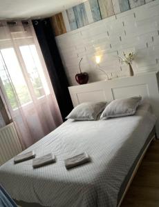 a bedroom with a large bed with a window at Cosy apartment Disneyland Paris en face de la gare RER val d'Europe in Serris