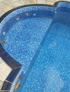 an overhead view of a blue tile swimming pool at Pousada Acolhedora in Ribeirão Preto