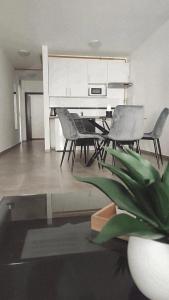 sala de estar con mesa, sillas y planta en Apartments Lapaž, en Sveti Martin na Muri