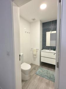 a bathroom with a toilet and a sink and a mirror at Douro Escape - Riverfront Apartment in Peso da Régua