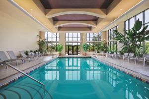 温泉城Embassy Suites by Hilton at Hot Springs Convention Center的一座游泳池,位于酒店,设有椅子和树木