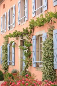 a pink building with blue windows and flowers at La Maison d'Anais in Vic-en-Bigorre