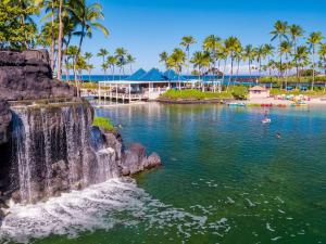 a body of water with palm trees and a beach at Hilton Waikoloa Village in Waikoloa