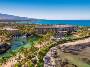 an aerial view of the resort and the ocean at Hilton Waikoloa Village in Waikoloa