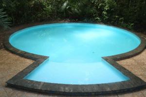 a large blue swimming pool with a stone circle around it at Pousada Éden - Conforto, Imersão e Natureza in Sao Jorge