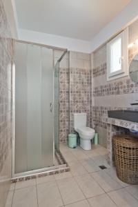 a bathroom with a glass shower and a toilet at Vènto villa in Karpathos