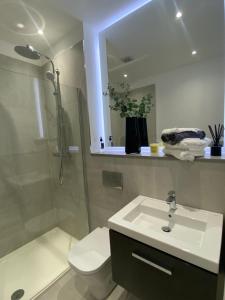 a bathroom with a sink and a shower and a toilet at Luxury Double Bedroom, near Heathrow Airport in Hillingdon