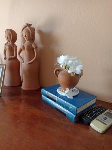 a vase on a stack of books next to a remote control at Amorada in Santo Amaro