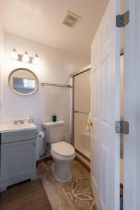 ein Badezimmer mit einem WC, einem Waschbecken und einem Spiegel in der Unterkunft The Marysville Dome - Grannie House in Marysville