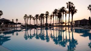 - une grande piscine avec des palmiers dans un complexe dans l'établissement Hilton Malta, à San Ġiljan