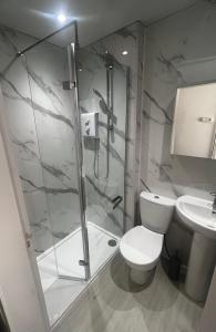 a bathroom with a shower and a toilet and a sink at AP Apartment in Glasgow