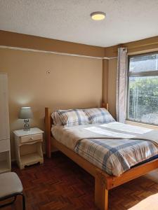 a bedroom with a bed and a window at Tin House Quito in Quito