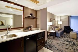 卡瑞Embassy Suites by Hilton Raleigh Durham Research Triangle的一间带水槽的厨房和一间带沙发的客厅