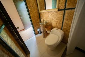 a bathroom with a toilet and a glass door at Araplay Lodge in Santa Teresa