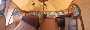 a tent with a bed and chairs in it at Al's Hideaway Glamping Tents in Pipe Creek
