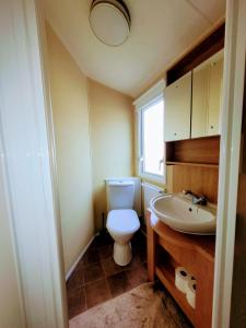 uma pequena casa de banho com WC e lavatório em Lyons Robin Hood Holiday Park, The Shamrock Way em Meliden