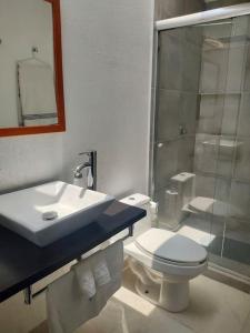 y baño con lavabo, aseo y ducha. en Comodidad y Tranquilidad a tu Alcance en San Juan del Río