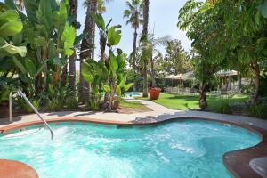 a swimming pool in a yard with palm trees at Embassy Suites by Hilton Brea - North Orange County in Brea