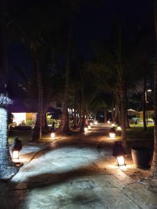 un parc avec des palmiers et des lumières la nuit dans l'établissement Nannai Residence Apt Luxo Frente Piscina BeiraMar, à Porto de Galinhas