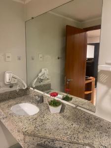 W łazience znajduje się umywalka i lustro. w obiekcie Flat Live Lodge w São Paulo