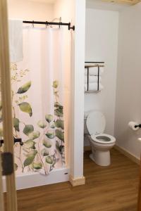 a bathroom with a shower curtain with a toilet at Bluffside Gardens in Decorah