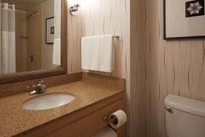 a bathroom with a sink and a toilet and a mirror at Hilton Los Angeles Airport in Los Angeles