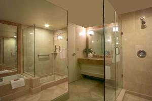 a bathroom with a glass shower and a sink at Hilton Los Angeles Airport in Los Angeles