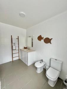 a white bathroom with a toilet and a sink at A Villa Fortuna in Santo André +9 photos