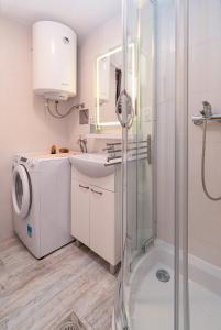 La salle de bains est pourvue d'une douche, d'un lavabo et d'un lave-linge. dans l'établissement Apartments for families with children Prezid, Gorski kotar - 20260, à Prezid