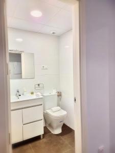 La salle de bains blanche est pourvue de toilettes et d'un lavabo. dans l'établissement El Comienzo, à Tolède
