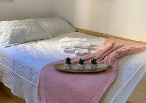 a tray with two plants on top of a bed at Studio completo com vaga entre o Centro e Cambuí in Campinas