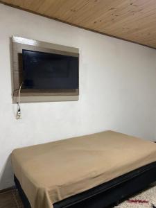Schlafzimmer mit einem Bett und einem Flachbild-TV in der Unterkunft Alquiler temporal Colonia del Sacramento in Colonia del Sacramento