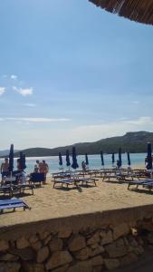 皮斯蒂奇的住宿－Villa Quinto，海滩上的一组椅子和遮阳伞