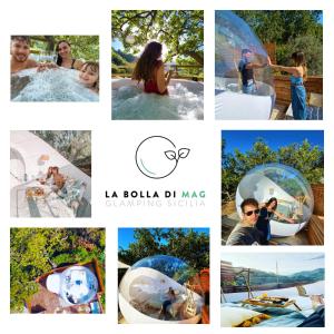 a collage of photos of people in a bubble bath at La Bolla di Mag in Saponara Villafranca