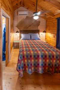 1 dormitorio con 1 cama en una cabaña de madera en Cherokee Lake Rental en Bean Station