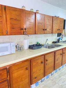 a kitchen with wooden cabinets and a sink and a microwave at Apartamento con vista al mar in San Felipe de Puerto Plata