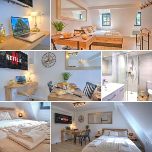 eine Collage mit Fotos von einem Schlafzimmer und einem Badezimmer in der Unterkunft Le Rustique - Netflix/Wi-fi Fibre - Séjour Lozère in Mende