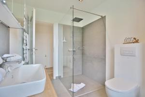 a bathroom with a shower and a toilet and a sink at Haus am Seehof 9 Ferienwohnung Ostseeliebe Nr 3 in Sierksdorf